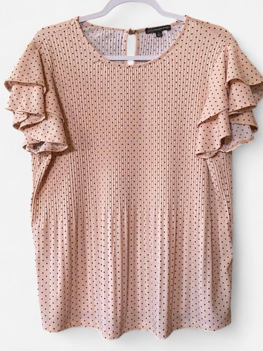 Adrianna Papell Pink Black Polka Dot Ruffle Blouse Office Work Business Coquette